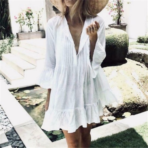 Boho  White ruffle hem 3/4 sleeve v neck dress - Picture 2 of 5